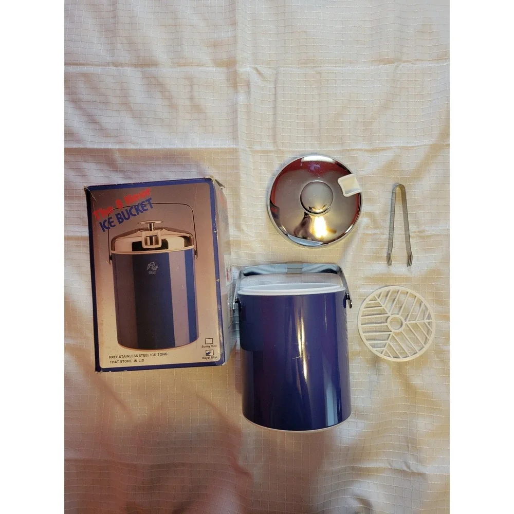 Vintage 8 Hour Ice Bucket Royal Blue Insulated Barware with Tongs and Box Retro